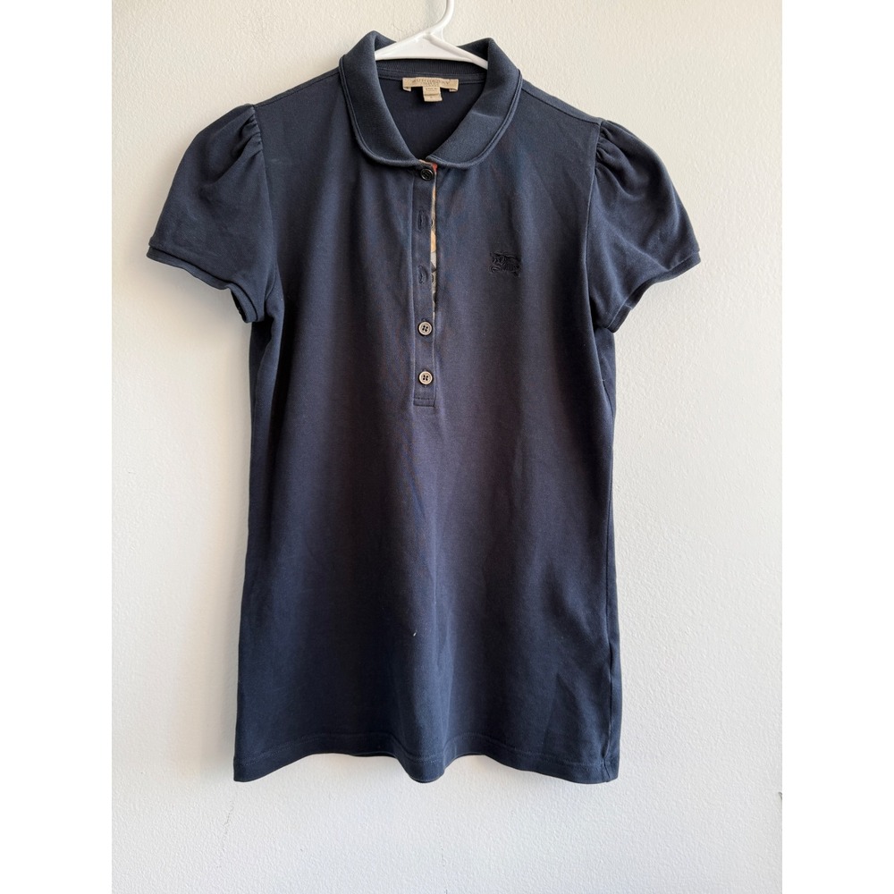 Burberry Brit Womens Navy Blue Puff Sleeve Polo‎ Shirt Peter Pan Collar Size S